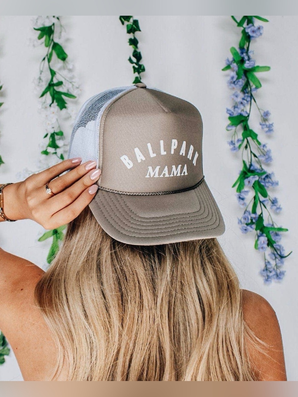 Ballpark Mama Trucker Hat - Taupe with White Mesh